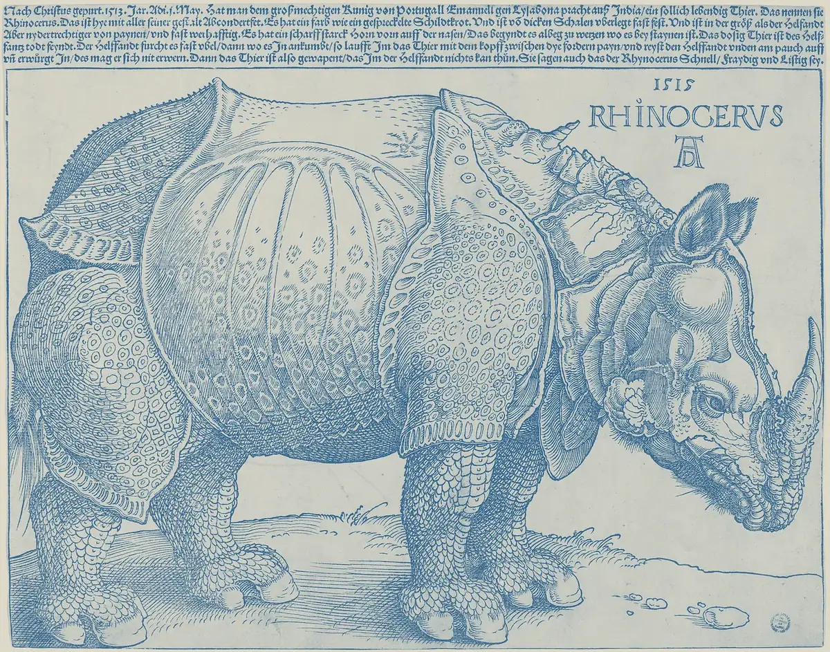Grabado de Alberto Durero de 1515: un rinoceronte de perfil, cubierto de placas como si fueran una armadura