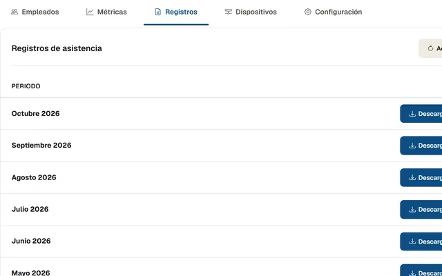 Recorte de la demo de control de accesos: reportes mensuales de asistencia