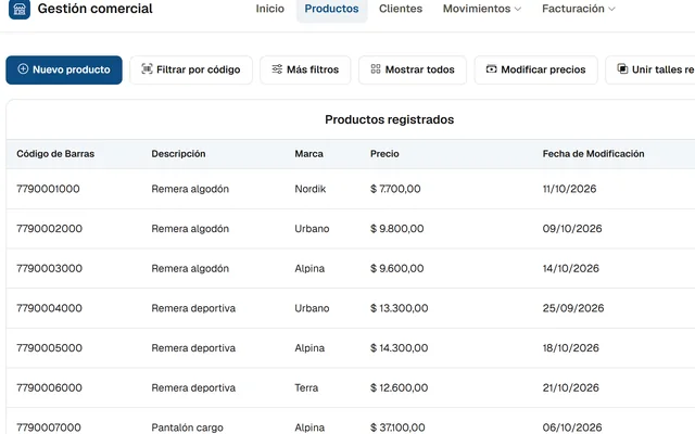 Recorte de la demo de gestión comercial: listado de productos con stock