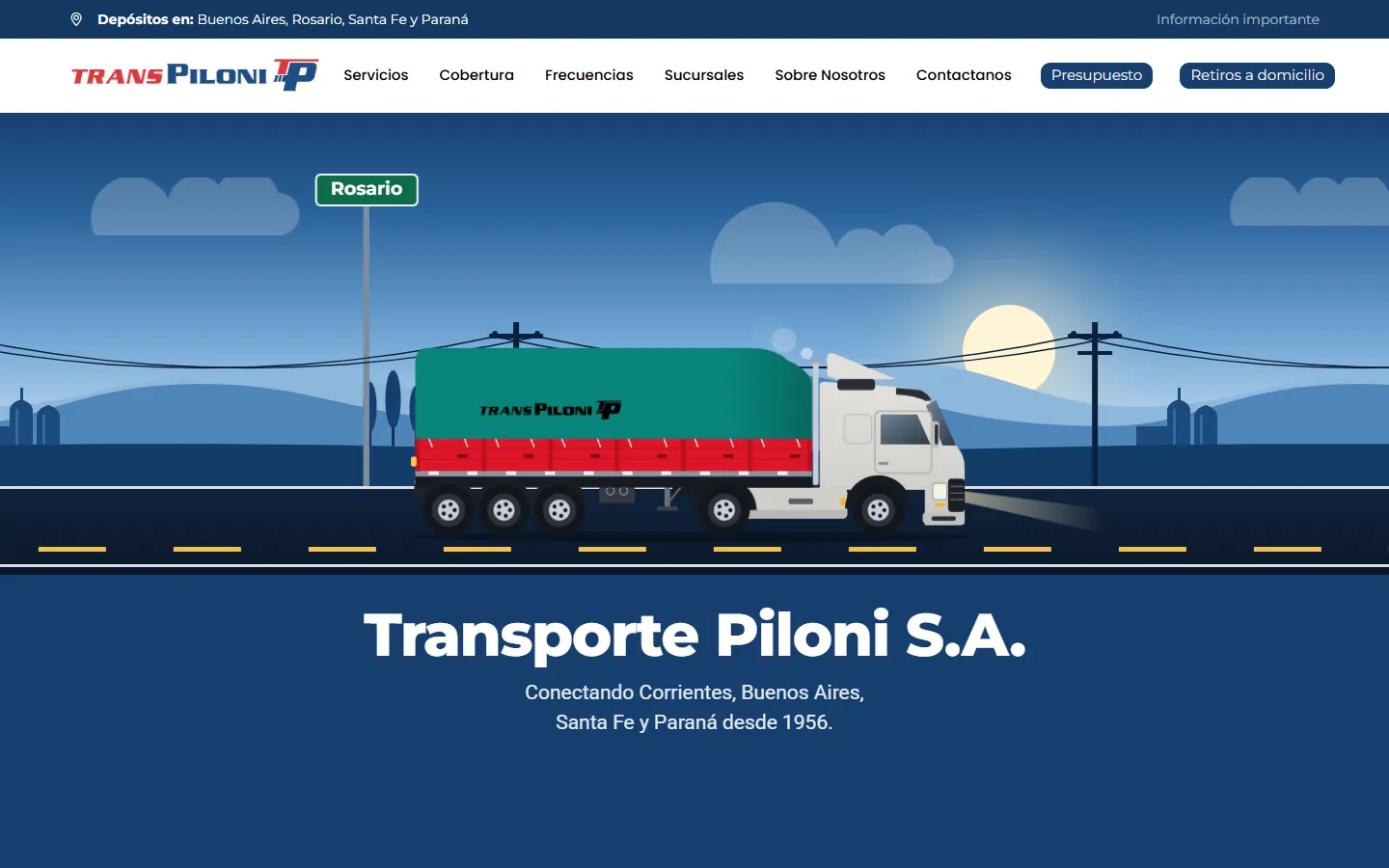 Portada del sitio de Transpiloni: un camión animado recorre la ruta bajo el nombre de la empresa